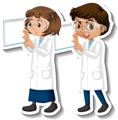 Scientist couple kids holding board empty cartoon character sticker