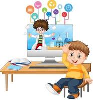 Young boy studying in front of computer vector