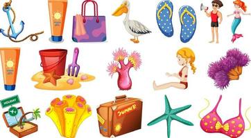 Set of summer beach objects and cartoon characters vector