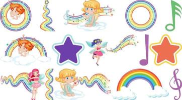 Set of fantasy fairies and cupids with rainbow elements vector