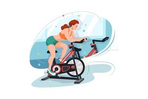 mujer haciendo ciclismo en el concepto de ilustración de gimnasio. ilustración plana aislada sobre fondo blanco. vector