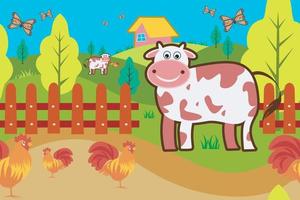 Seamless pattern of cute cows, trees, fences, grass, chickens, butterflies with mountain backgrounds for the design of children's rugs or background vector