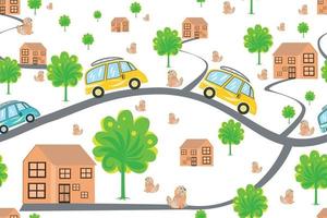 car on the road seamless pattern with cute dogs, trees, cute houses, for children's designs, children's carpets and for backgrounds and wallpapers vector