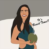 It's Beach Party Time. women holding coconut with straw illustration on isolated background. vector