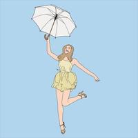 hola verano - hermosa niña caminando con paraguas, niña disfrutando del verano, ilustración sobre fondo aislado. vector