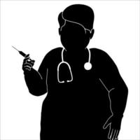 médico con ilustración de silueta de personaje de inyección de vacuna sobre fondo blanco. vector