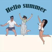 Hello summer - people jumping and enjoying the friends time. best for your next travel project. vector