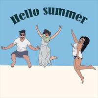 hola verano: gente saltando y disfrutando del tiempo con amigos. lo mejor para su próximo proyecto de viaje. vector