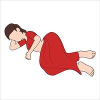 Indian saree women leaning or sleeping on the floor character drawing on white background. vector