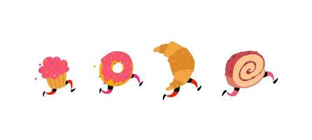 Illustration of running cake, donut, croissant and roll. Vector. Icons for the site on a white background. Signs, logo for the store. Delivery of fresh pastry. Characters for the bakery. vector