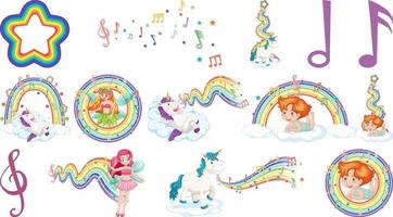 Set of fantasy fairies and cupids with rainbow elements vector