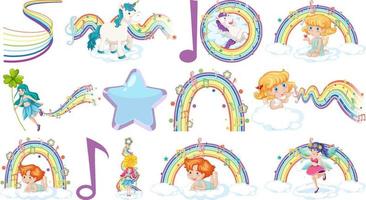 Set of fantasy fairies and cupids with rainbow elements vector