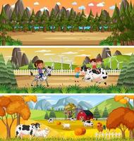 Different panoramic nature landscape set with cartoon character vector