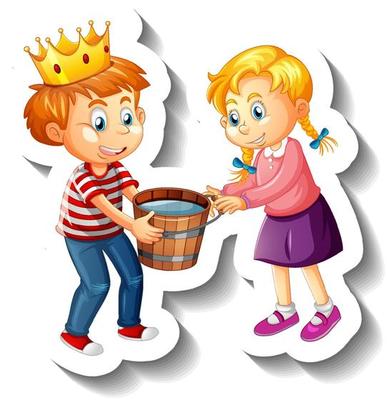 A boy wearing crown giving water bucket to a girl