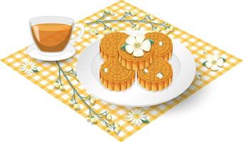 Pile of mooncakes with teacup set on tablecloth vector