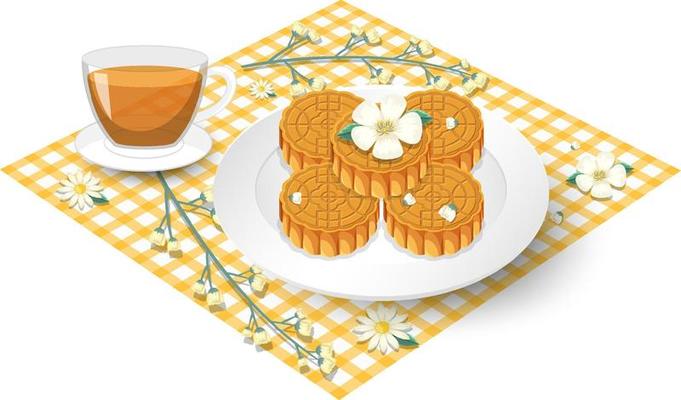 Pile of mooncakes with teacup set on tablecloth