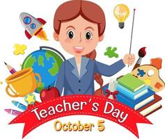 Teacher's Day banner with a female teacher and school objects vector