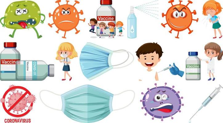 Cartoon character and Coronavirus vaccination isolated objects