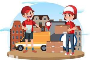 Delivery worker with many package vector
