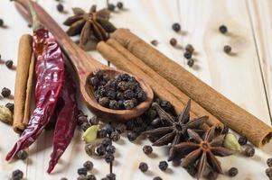 Spices and herbs. Food and cuisine ingredients. Cinnamon sticks, anise stars, black peppercorns, Chili, Cardamom and Cloves on a wooden background photo