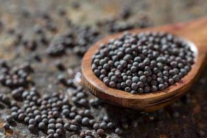 Brown Mustard Seeds in wooden spoon on a textured background photo