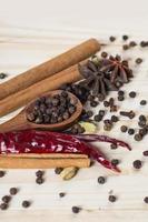 Spices and herbs. Food and cuisine ingredients. Cinnamon sticks, anise stars, black peppercorns, Chili, Cardamom and Cloves on a wooden background photo