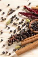 Spices and herbs. Food and cuisine ingredients. Cinnamon sticks, anise stars, black peppercorns, Chili, Cardamom and Cloves on a wooden background photo