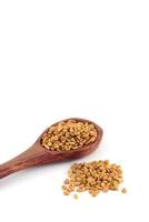 Fenugreek seeds in wooden spoon isolated on white background photo