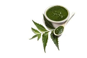 Medicinal Neem leaves with neem paste in spoon and plate on white background Azadirachta indica photo