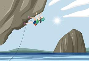 People doing outdoor rock climbing with beautiful view vector