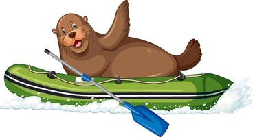 Sea lion on inflatable boat in cartoon style vector