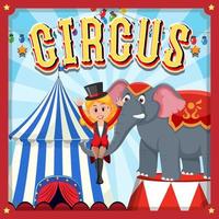 Diseño de carteles de circo con mago y elefante en el escenario. vector