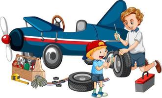 Dad and son repairing a plane together vector