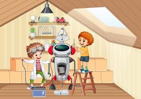 Children fixing a robot together in the room scene vector