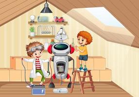 niños arreglando un robot juntos en la escena de la habitación vector