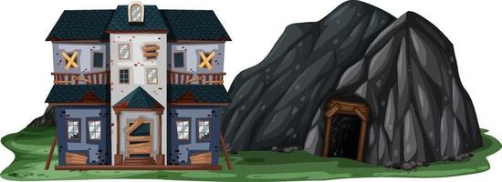 An abandoned house with a rock cave on white background vector