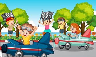 Escena al aire libre con coche de carreras para niños. vector