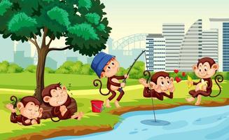 Park scene with little monkeys doing different activities vector