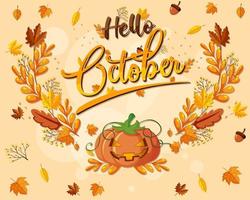 Hello October logo with ornamental autumn leaf vector