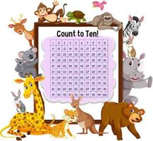 Counting number 1-100 board with wild animals vector