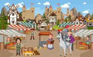 Escena de la ciudad medieval con aldeanos en el mercado. vector