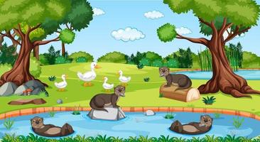 River in the forest with otters and ducks vector