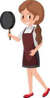 A woman holding a pan wearing apron cartoon character on white background vector