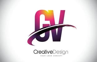 GV G V Purple Letter Logo with Swoosh Design. Creative Magenta Modern Letters Vector Logo.
