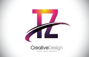 TZ T Z Purple Letter Logo with Swoosh Design. Creative Magenta Modern Letters Vector Logo.