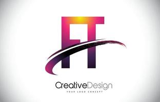 FT F T Purple Letter Logo with Swoosh Design. Creative Magenta Modern Letters Vector Logo.