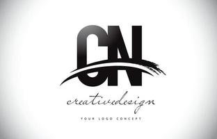 Diseño de logotipo cn cn carta con swoosh y trazo de pincel negro. vector