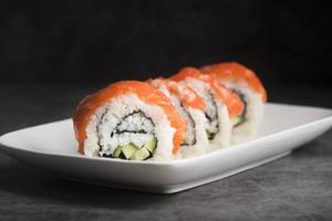 high angle plate with sushi photo