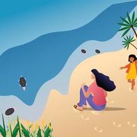 Vector illustration of women sitting on the beach sand with a little girl running.