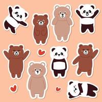 cute cartoon bear and panda sticker set vector